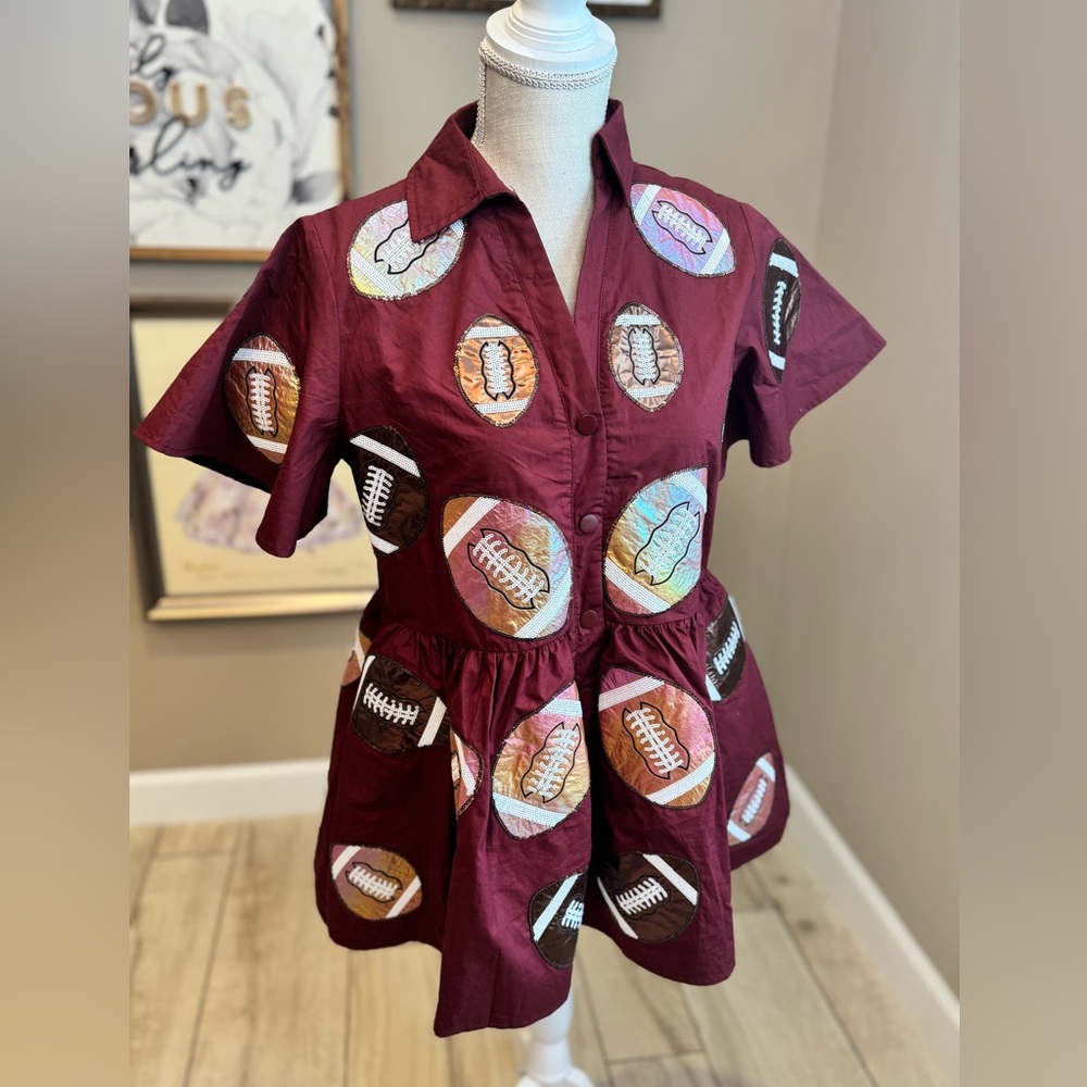 New! QUEEN OF SPARKLES Maroon Iridescent Football Romper